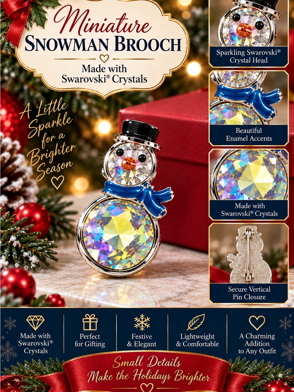Swarovski Crystal Miniature Snowman Brooch in Blue and Gold Accents